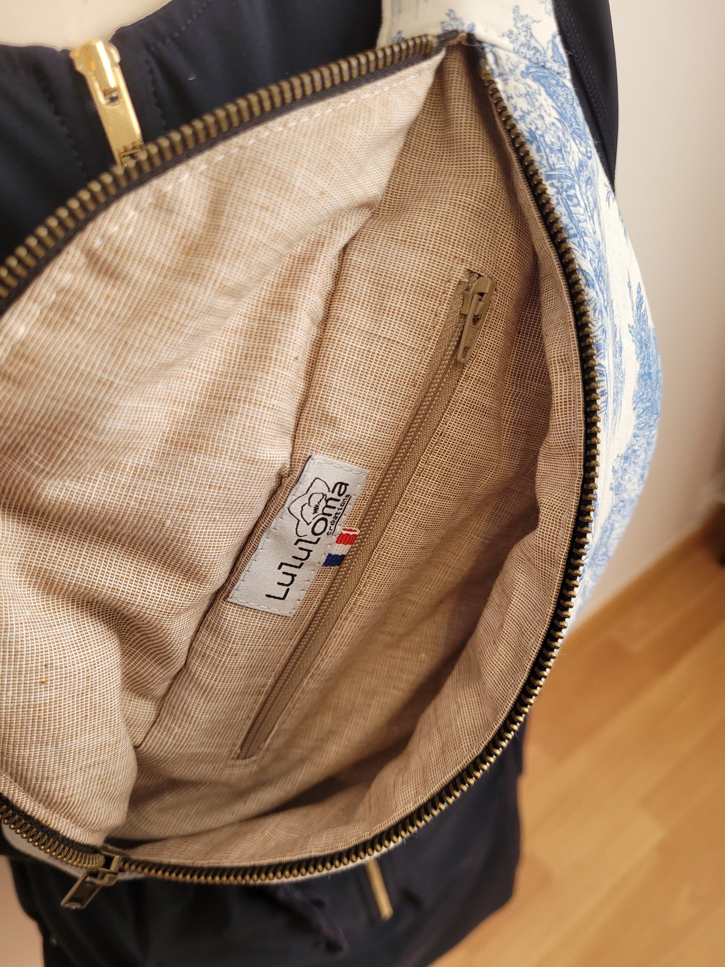 Sac banane Toile de Jouy bleu et beige