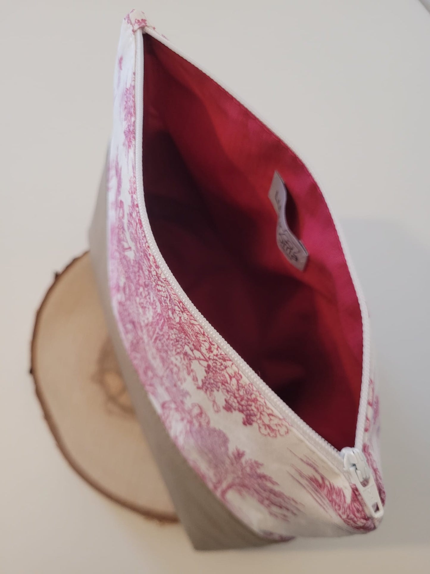 Grande trousse -Toile de Jouy rose/Marron gris