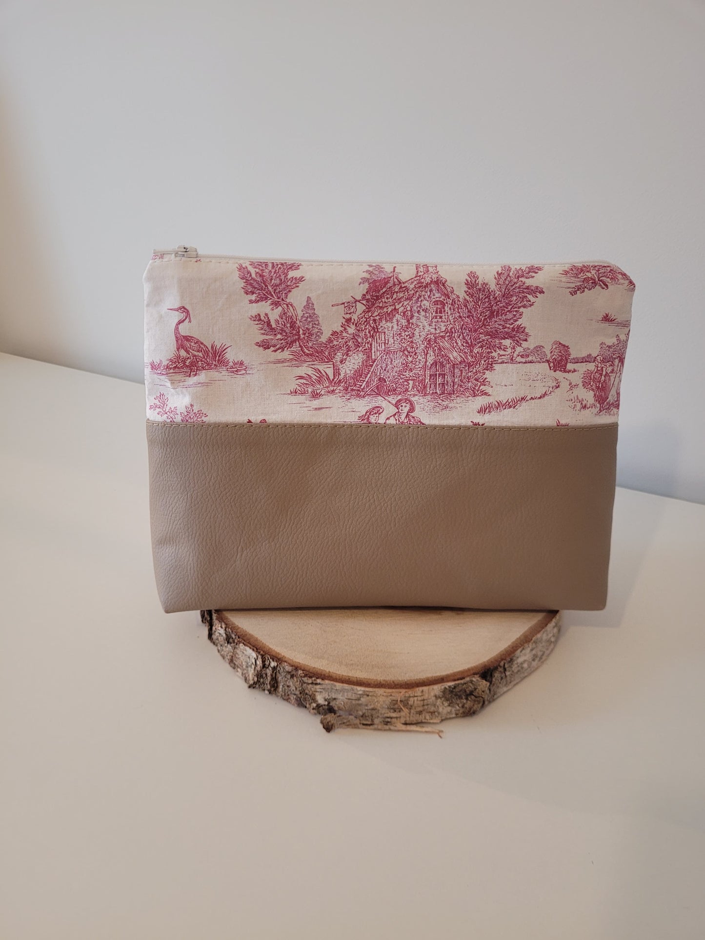 Grande trousse -Toile de Jouy rose Héron/Marron gris