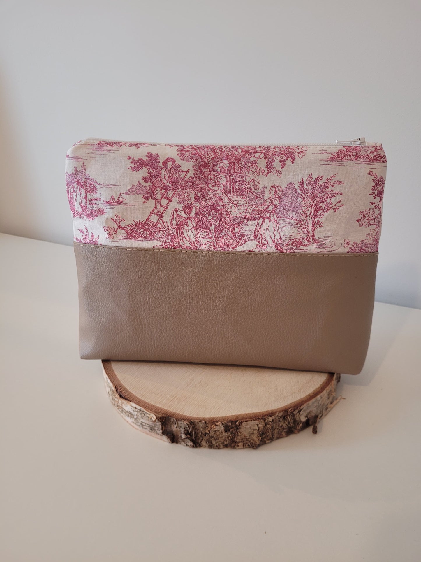 Grande trousse -Toile de Jouy rose Héron/Marron gris