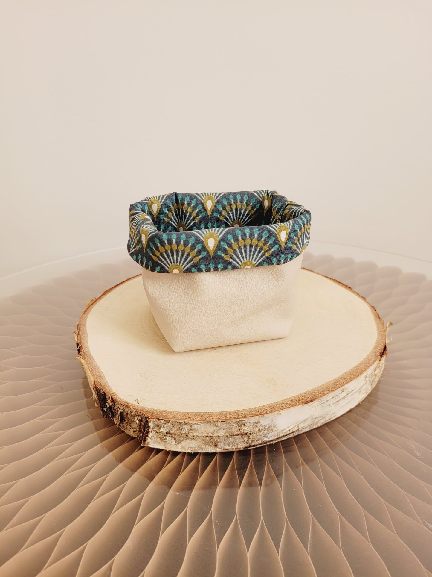 Panier de rangement pour lingettes démaquillantes réutilisables - Eventail bleu canard et doré