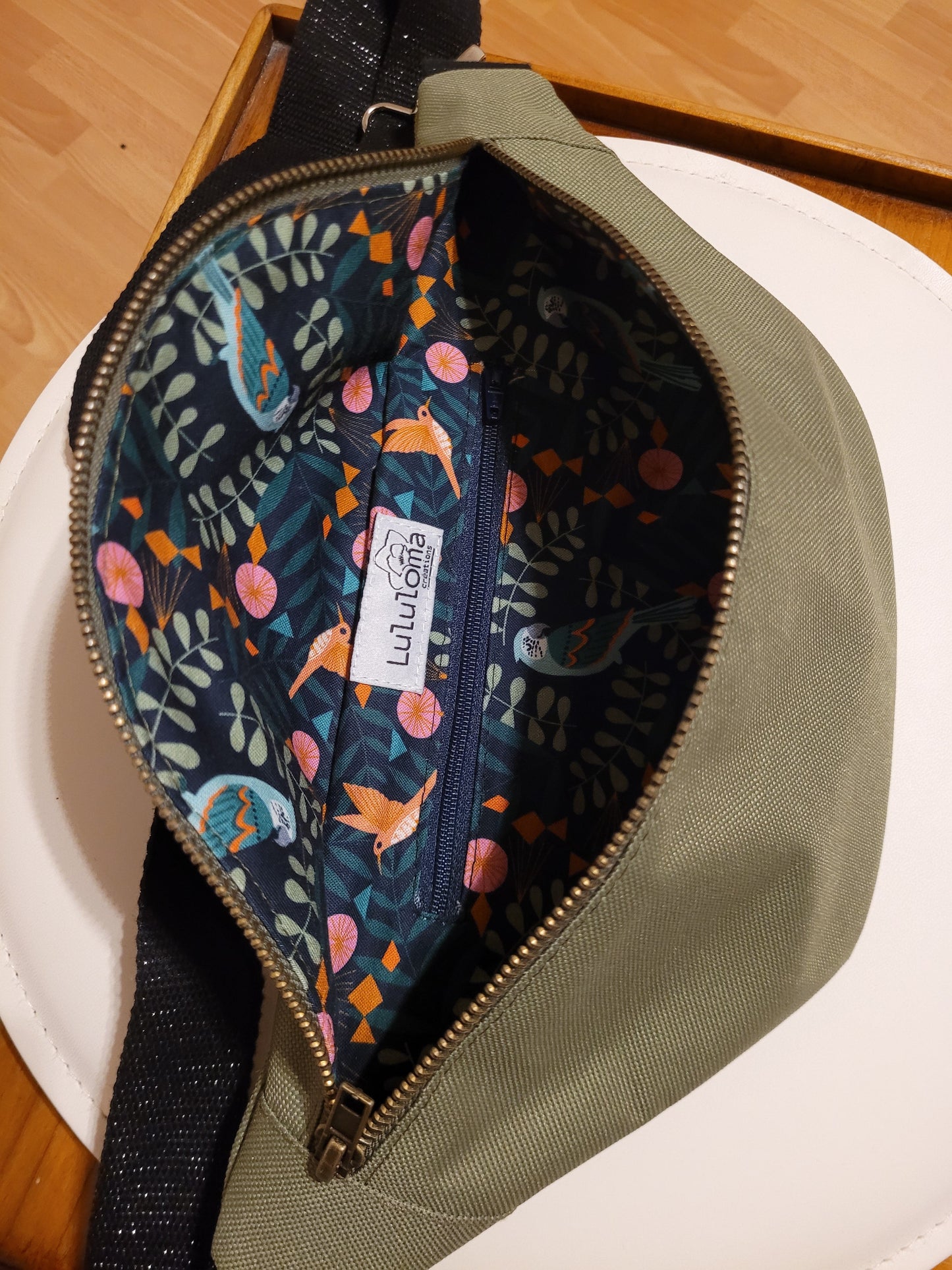 Sac banane kaki doublure oiseaux - Lululoma Créations