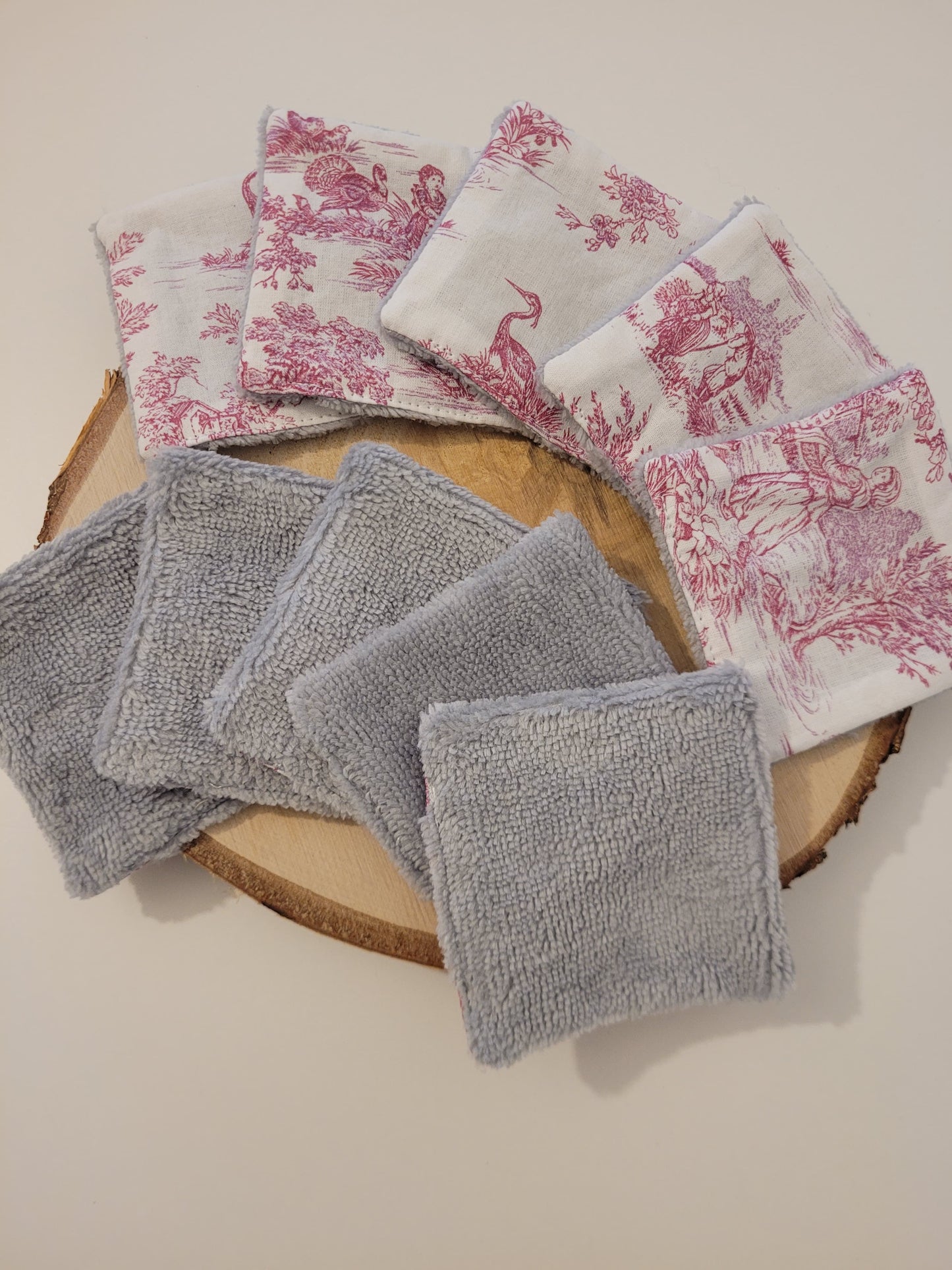 Lingettes démaquillantes réutilisables coton éponge bambou gris clair (8cmx8cm) - Toile de Jouy rose