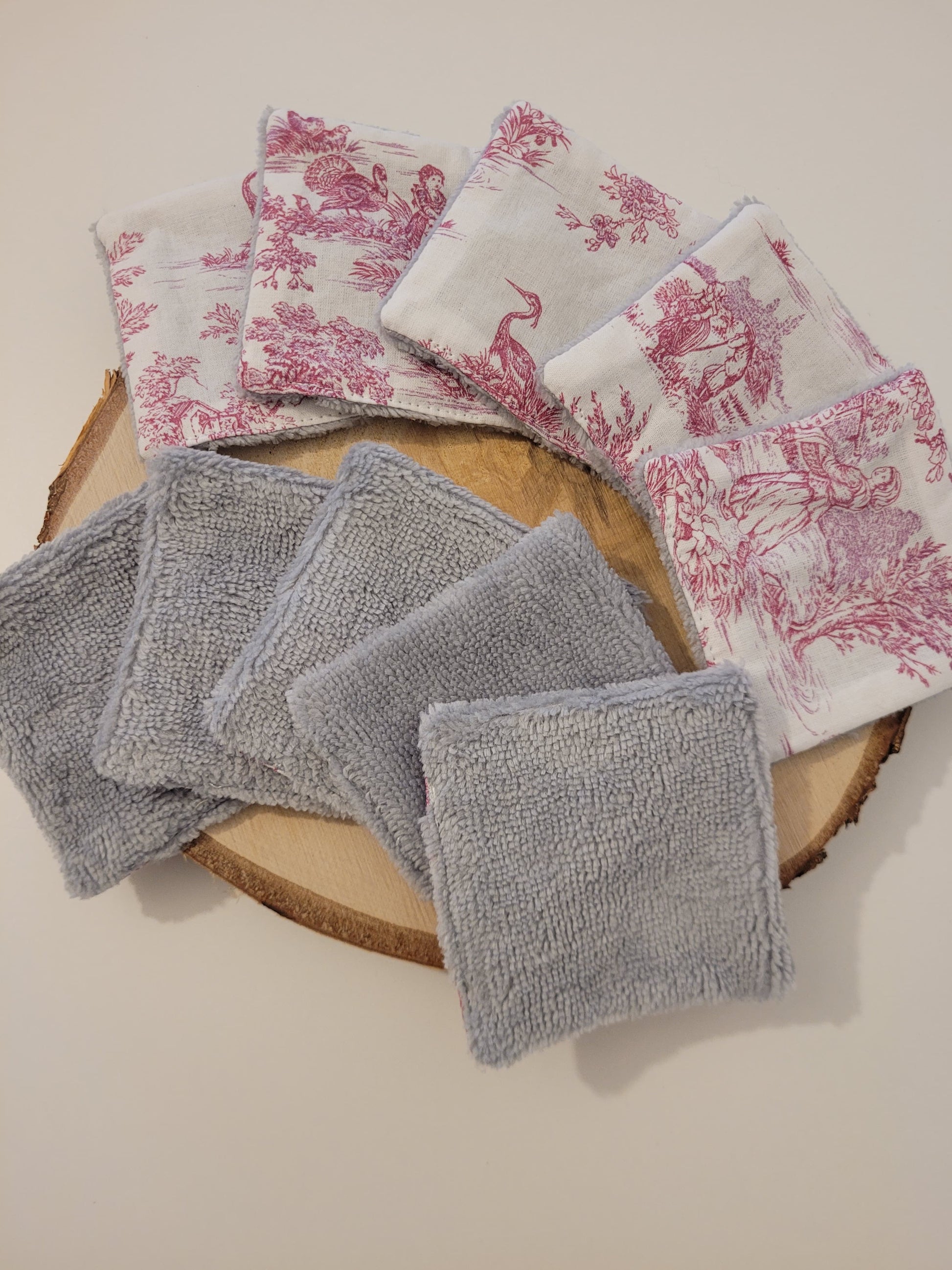 Lingettes démaquillantes réutilisables coton éponge bambou gris clair (8cmx8cm) - Toile de Jouy rose