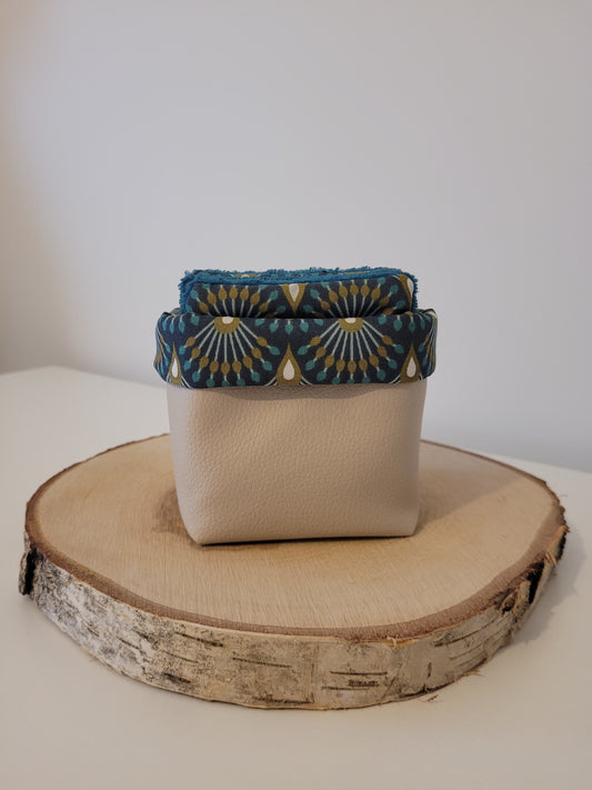Lingettes démaquillantes réutilisables éponge bambou bleu canard éventail doré/ bleu canard et panier simili cuir beige 