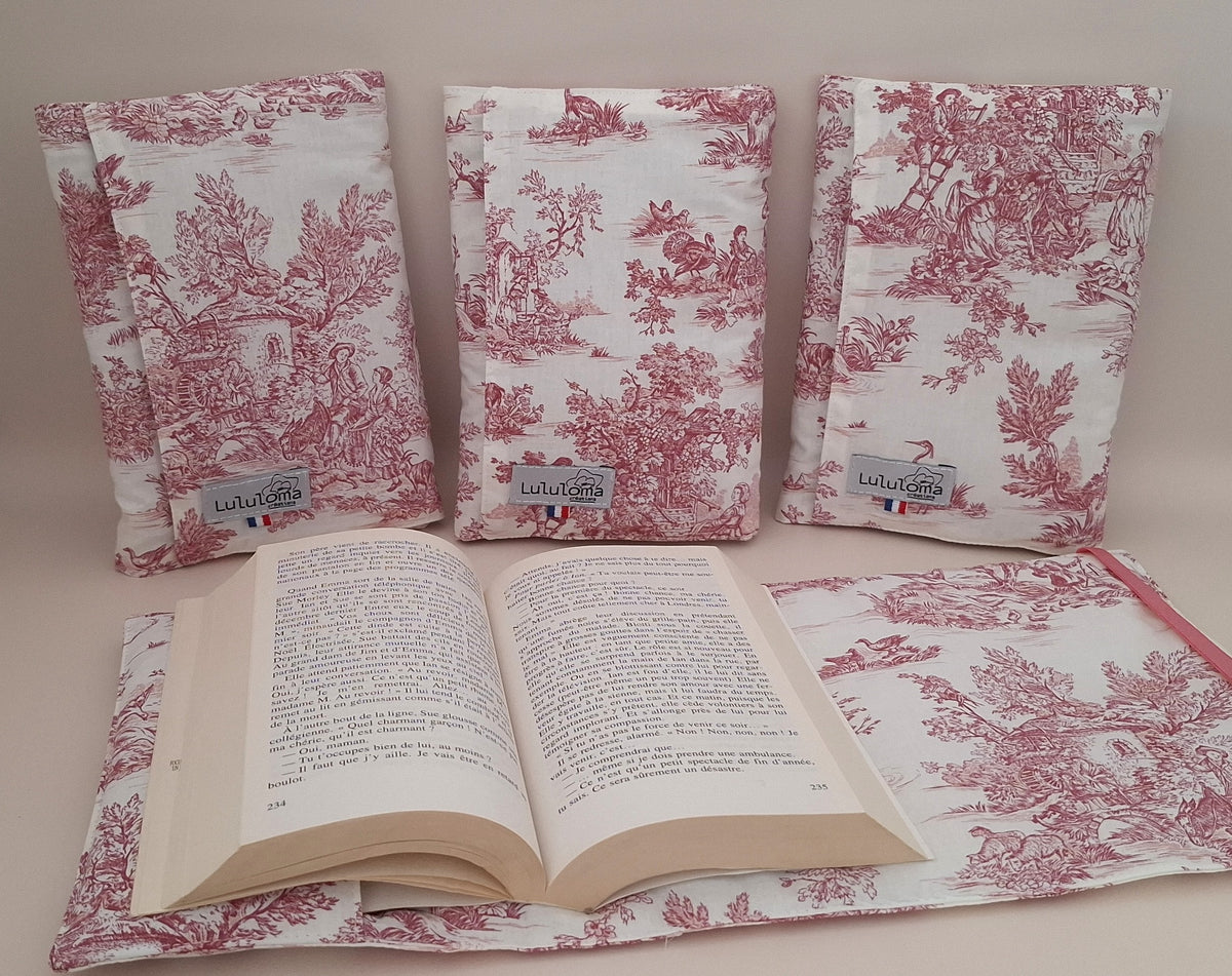 Protège livre en tissu POCHE | Tissu toile de Jouy Rouge