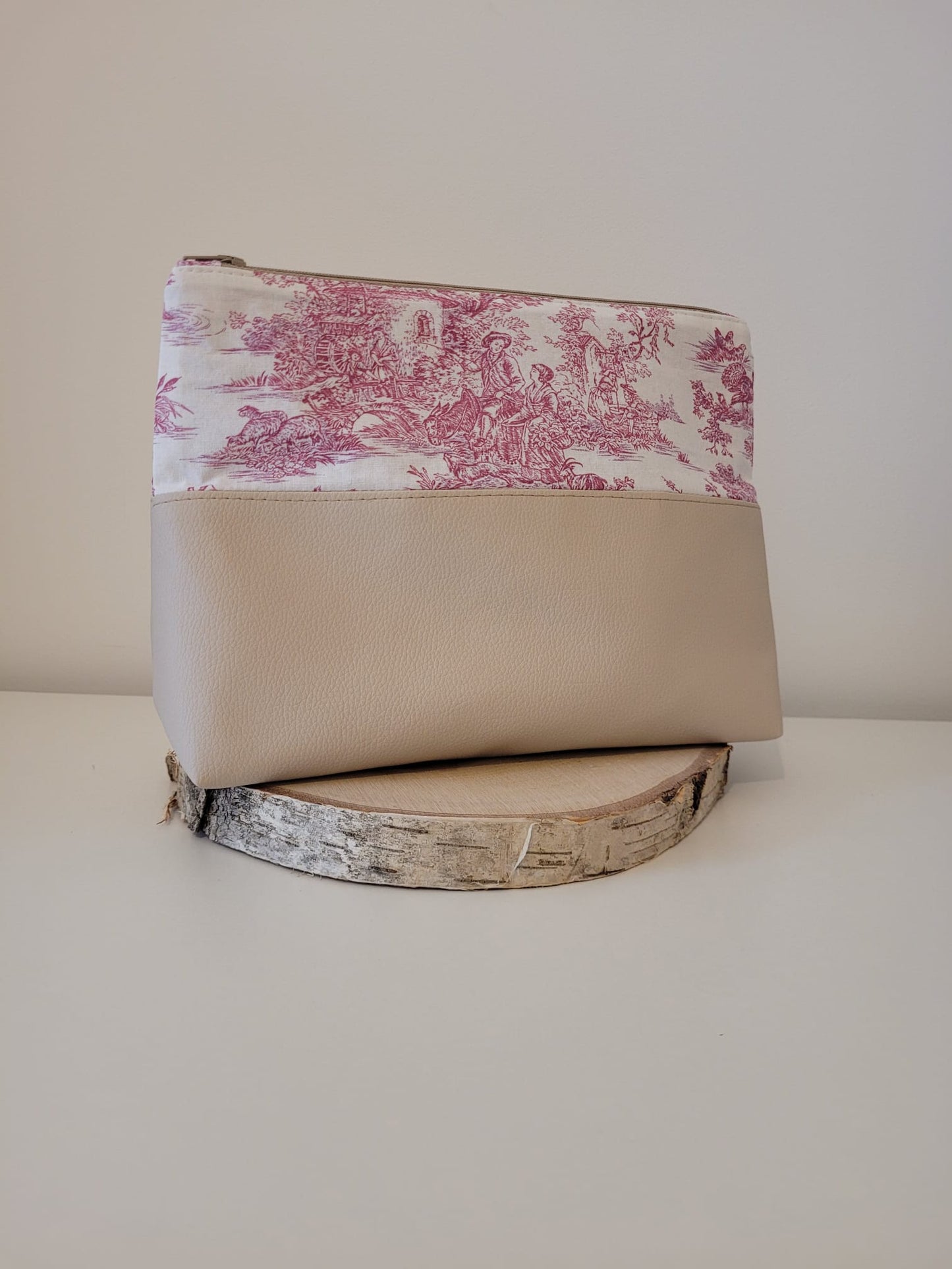 Grande trousse -Toile de Jouy rose-25cmx18,5cmx9cm