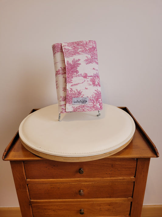 Couvre livre en tissu (livre poche) - Toile de Jouy rose/ rose