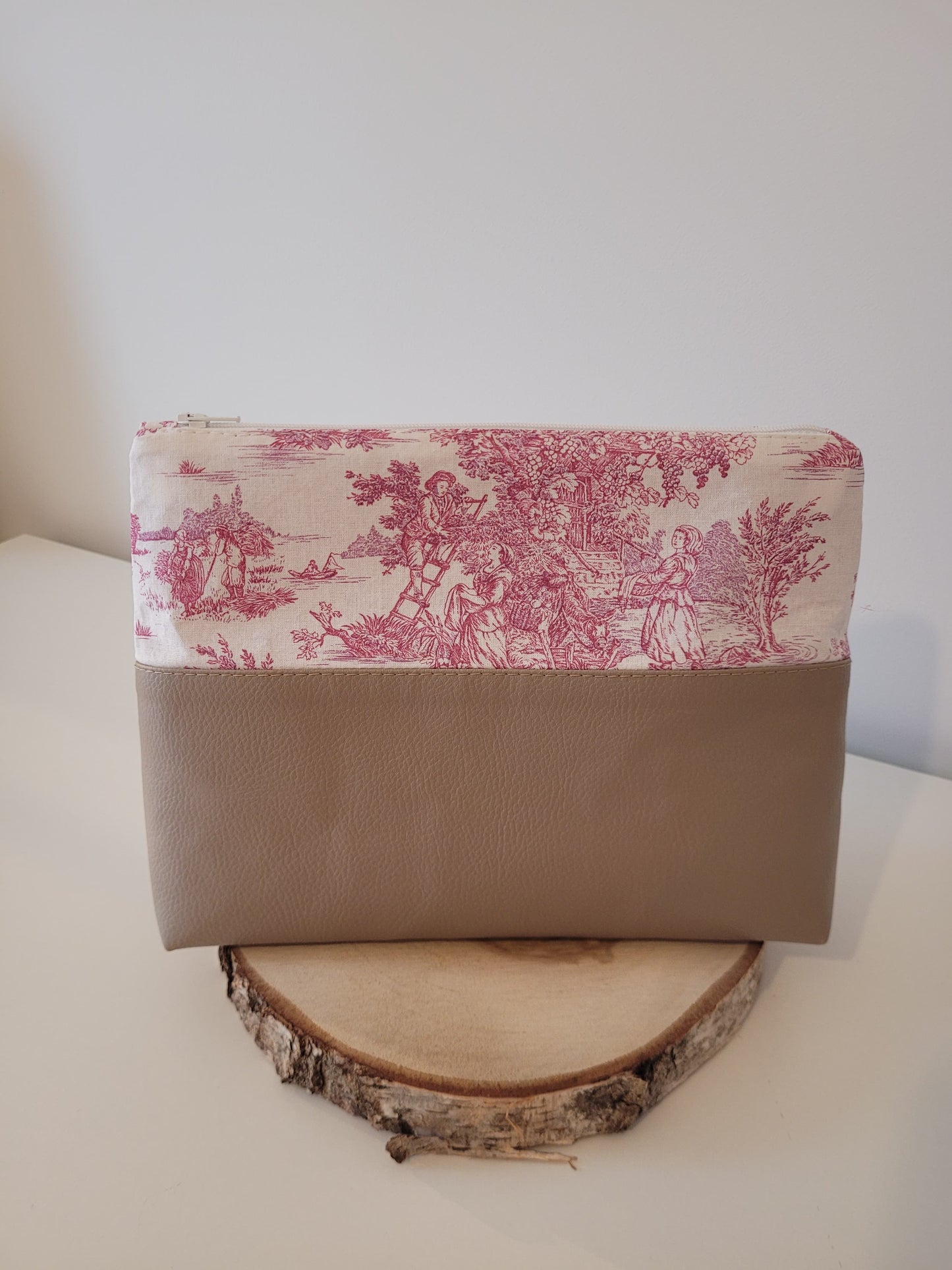 Grande trousse - Toile de Jouy rose/Marron gris - Lululoma Créations