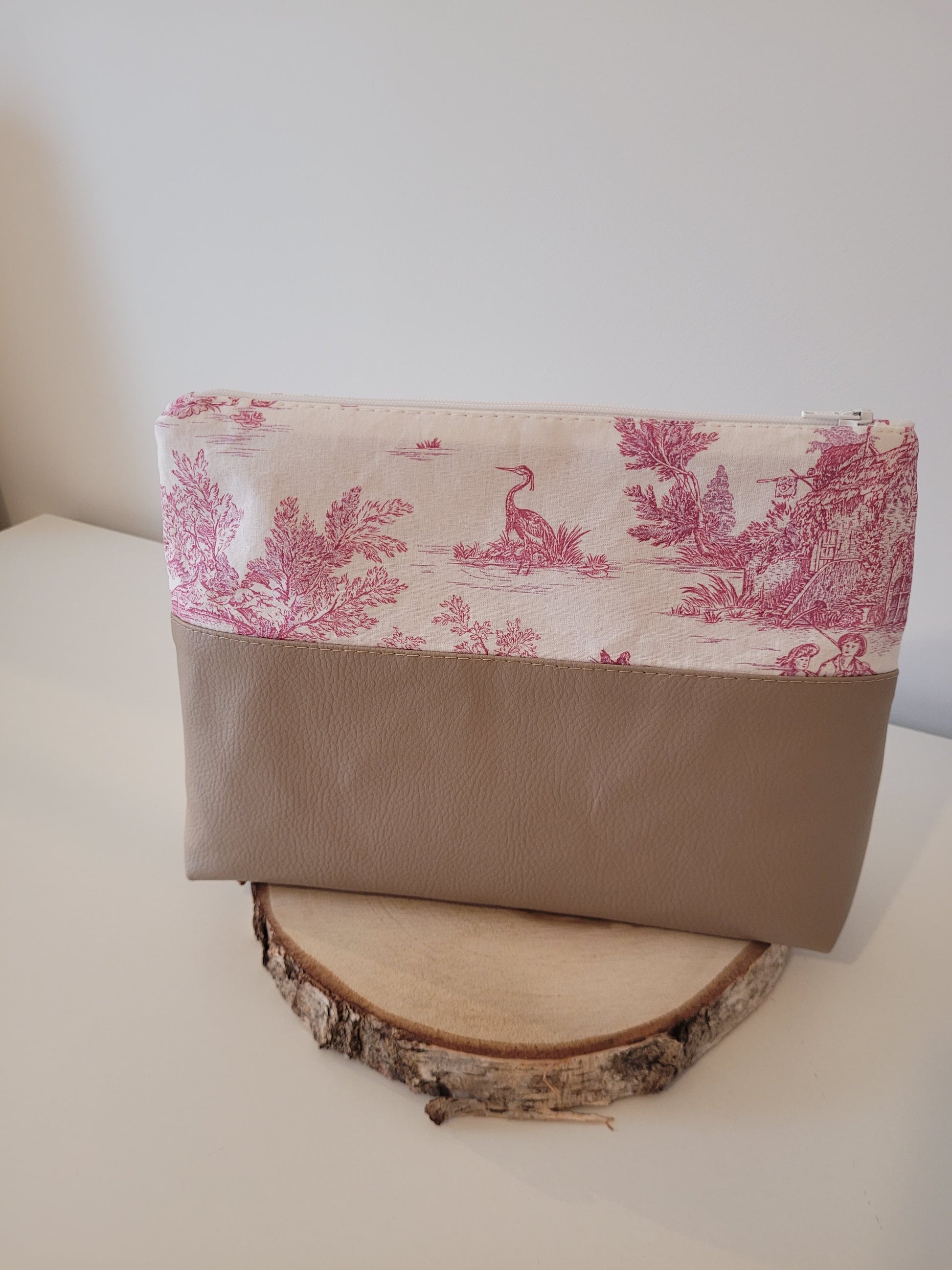 Grande trousse - Toile de Jouy rose/Marron gris - Lululoma Créations