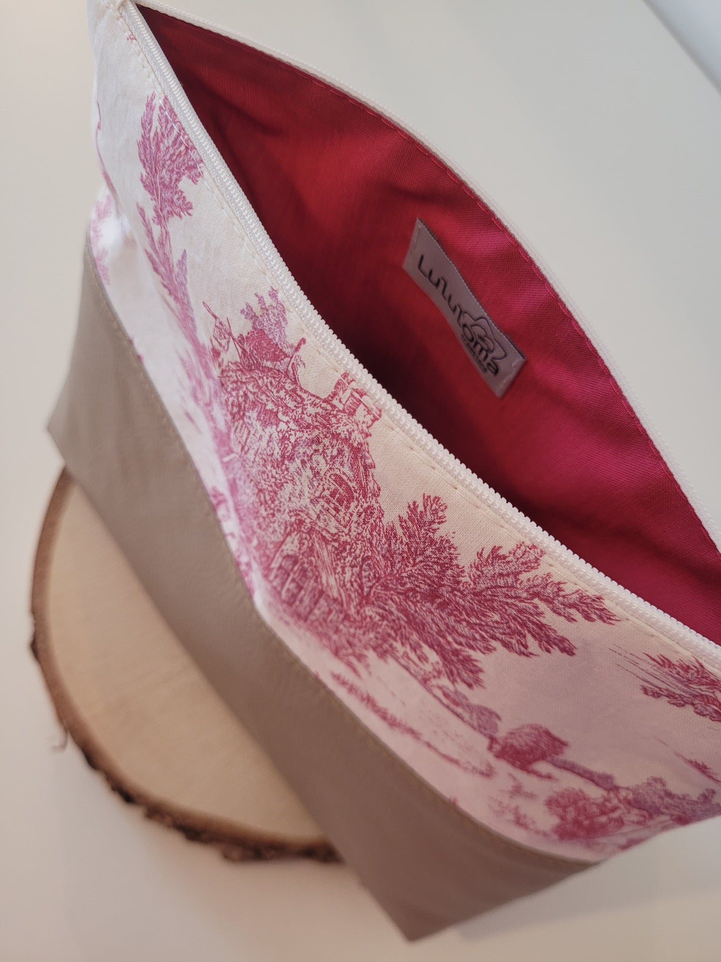 Grande trousse -Toile de Jouy rose Héron/Marron gris