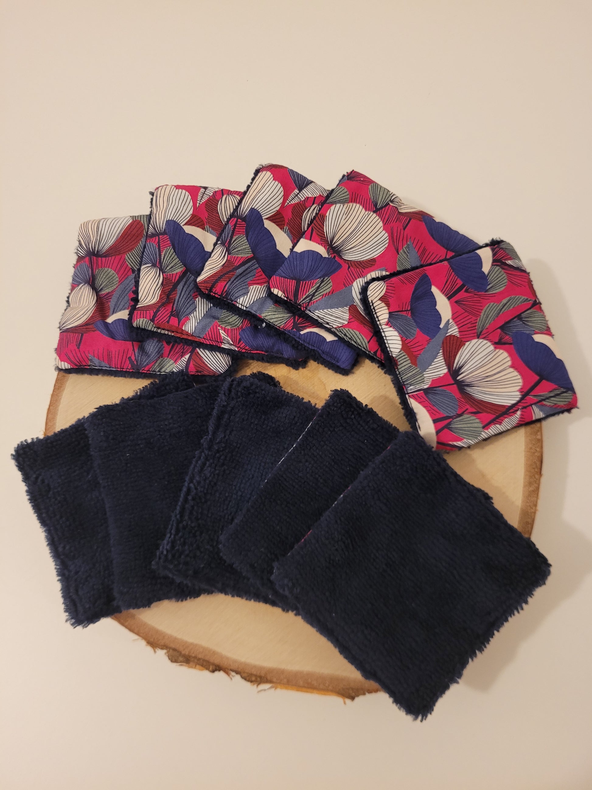 Lingettes démaquillantes réutilisables coton éponge bambou bleu foncé (8cmx8cm) - fleurs blanche fuchsia violette