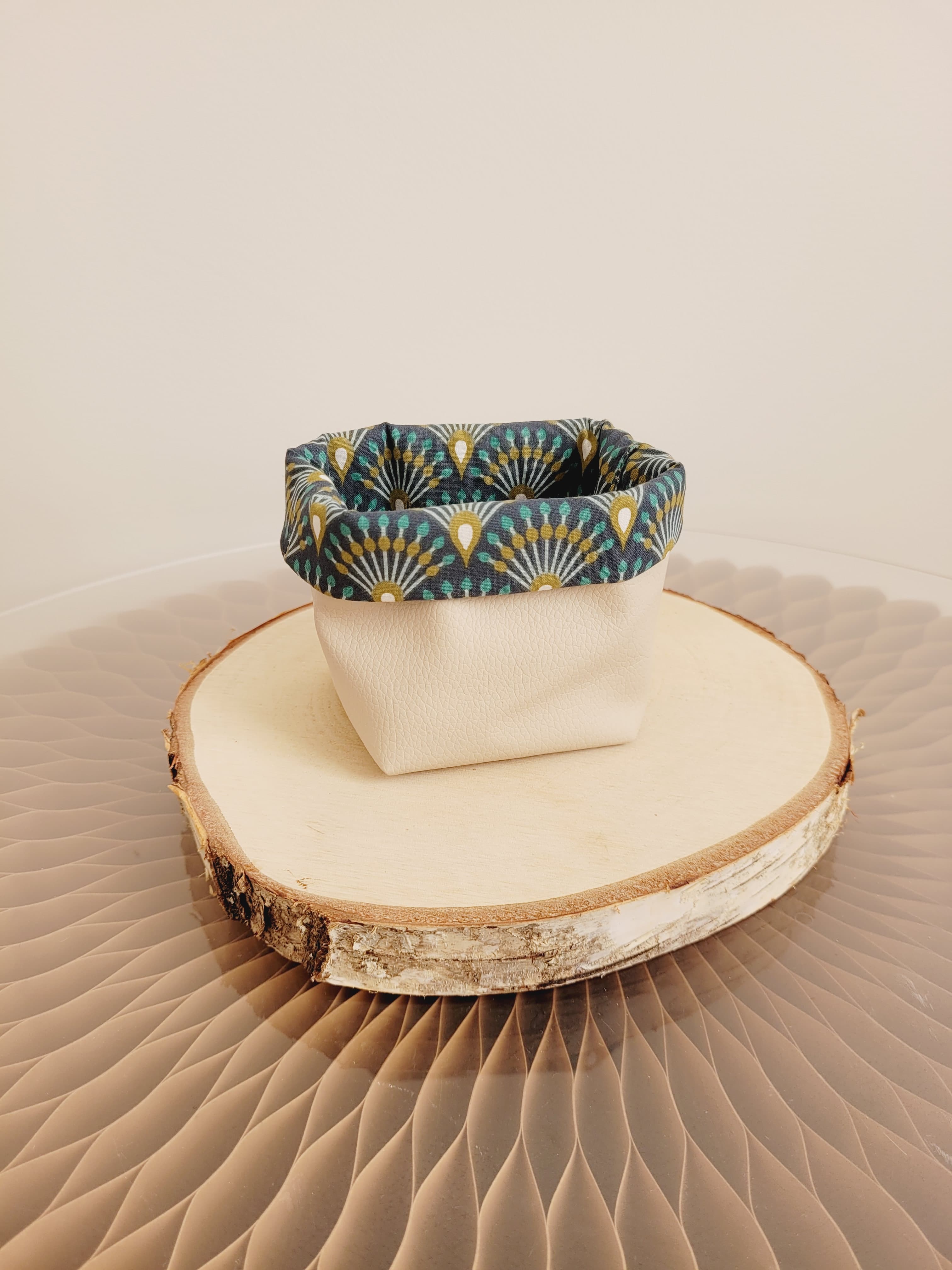 Panier de rangement pour lingettes démaquillantes réutilisables - Eventail bleu canard et doré