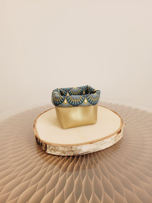 Panier de rangement pour lingettes démaquillantes réutilisables  - Eventail bleu canard et doré