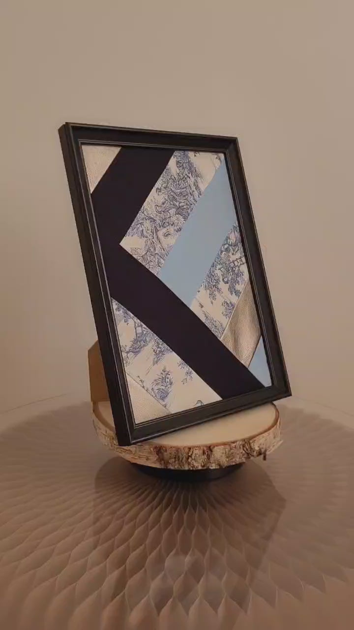 Tableaux textiles - Bandes toiles de Jouy bleu 21cm x 30cm