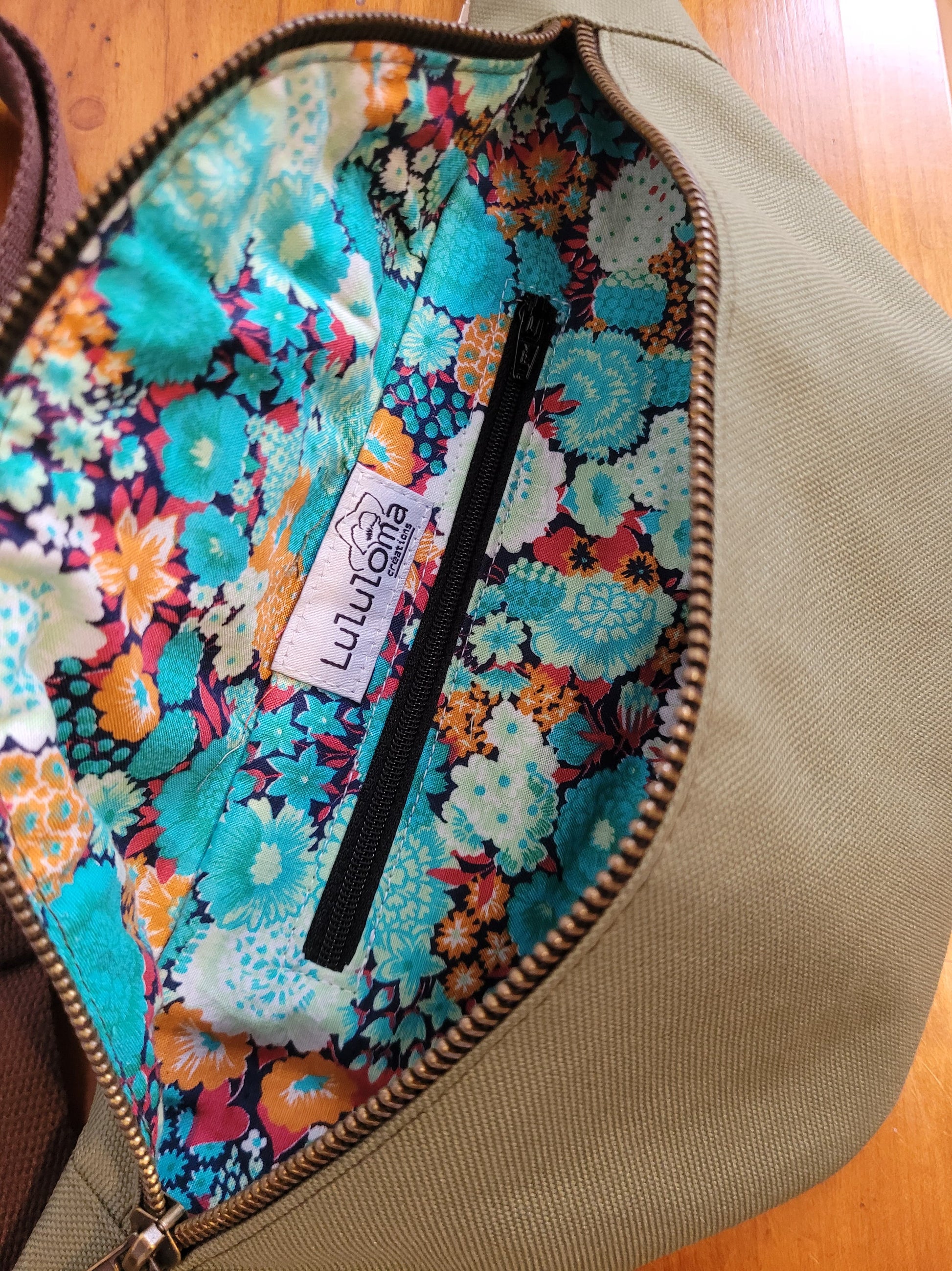 Sac banane kaki doublure fleurs - Lululoma Créations