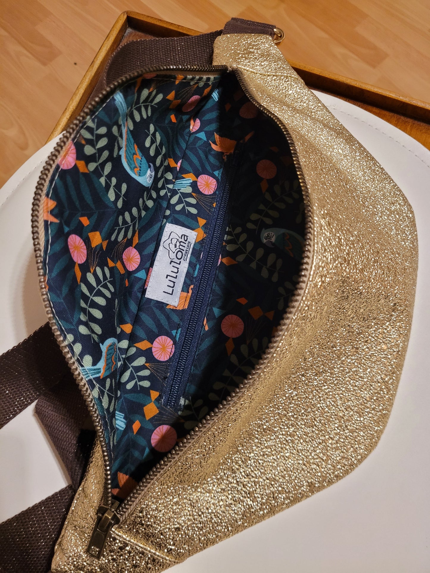 Sac banane simili cuir Doré brillant doublure oiseaux - Lululoma Créations