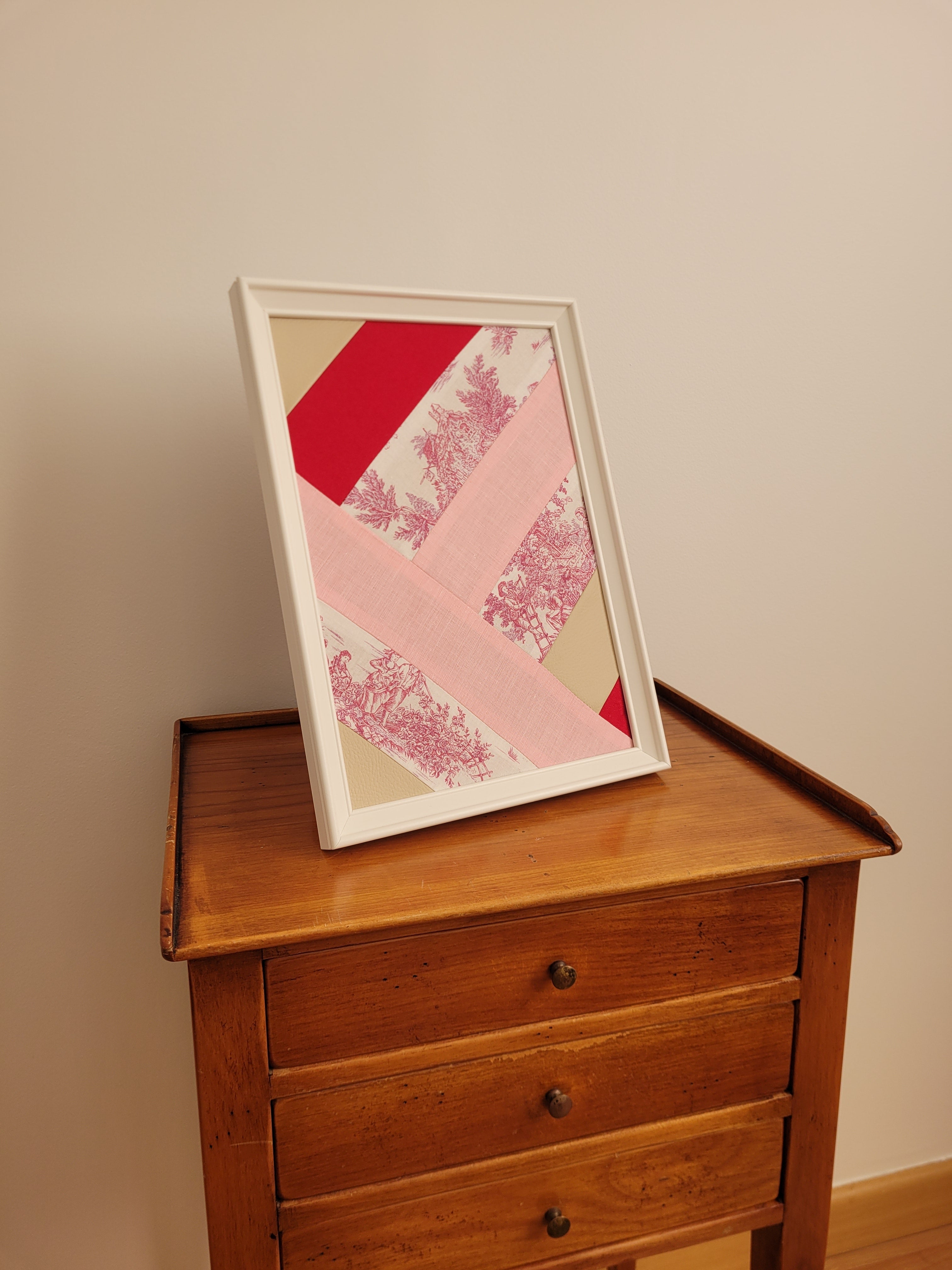 Tableaux textiles - Bandes toiles de Jouy rose 21cm x 30cm - Lululoma Créations