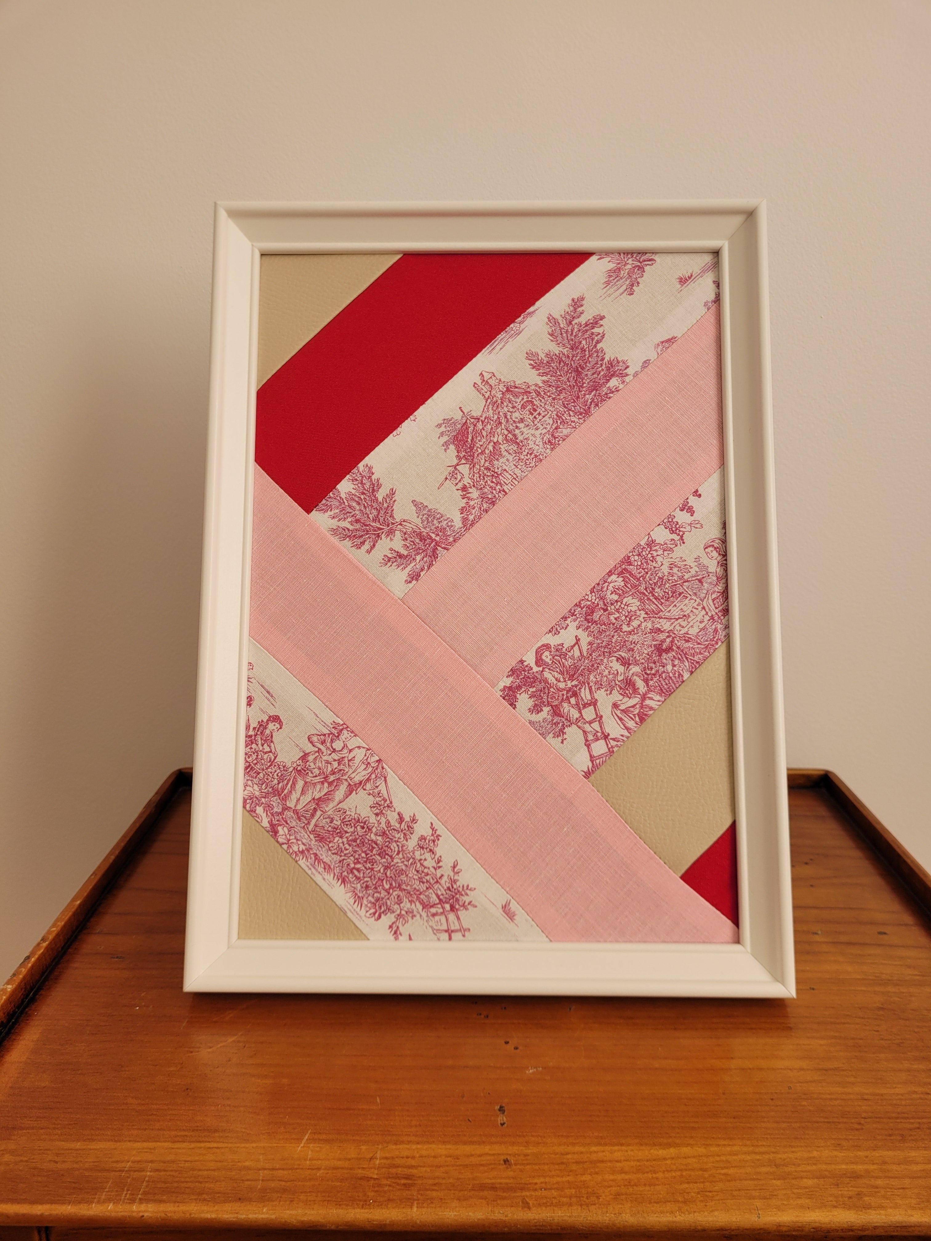 Tableaux textiles - Bandes toiles de Jouy rose 21cm x 30cm - Lululoma Créations